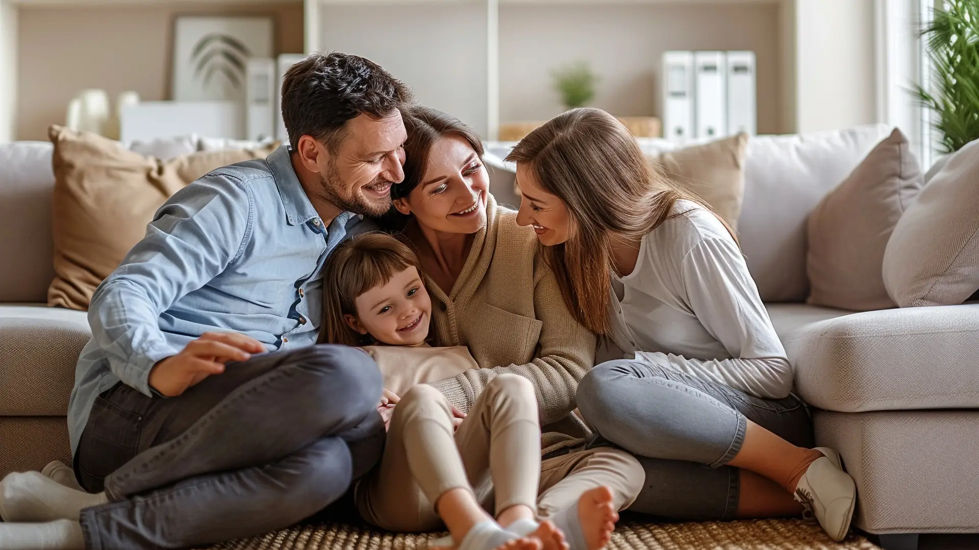 Una familia disfrutando tranquila en el sofa de casa porque tienen un seguro de hogar de Occident. Una familia disfrutando tranquila en el sofa de casa porque tienen un seguro de hogar de Occident.