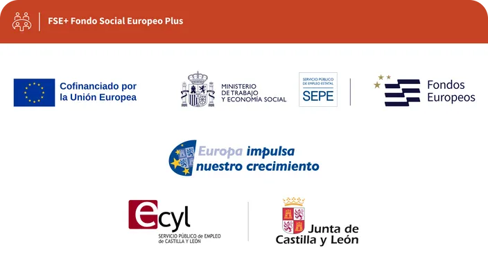Logos de una subvención del FSE+, Cofinanciado por la Unión Europea, el Ministerior de Trabajo y Economía Social, el SEPE, los Fondos Europeos, Europa impulsa nuestro crecimiento, ecyl y Junta de Castilla y León