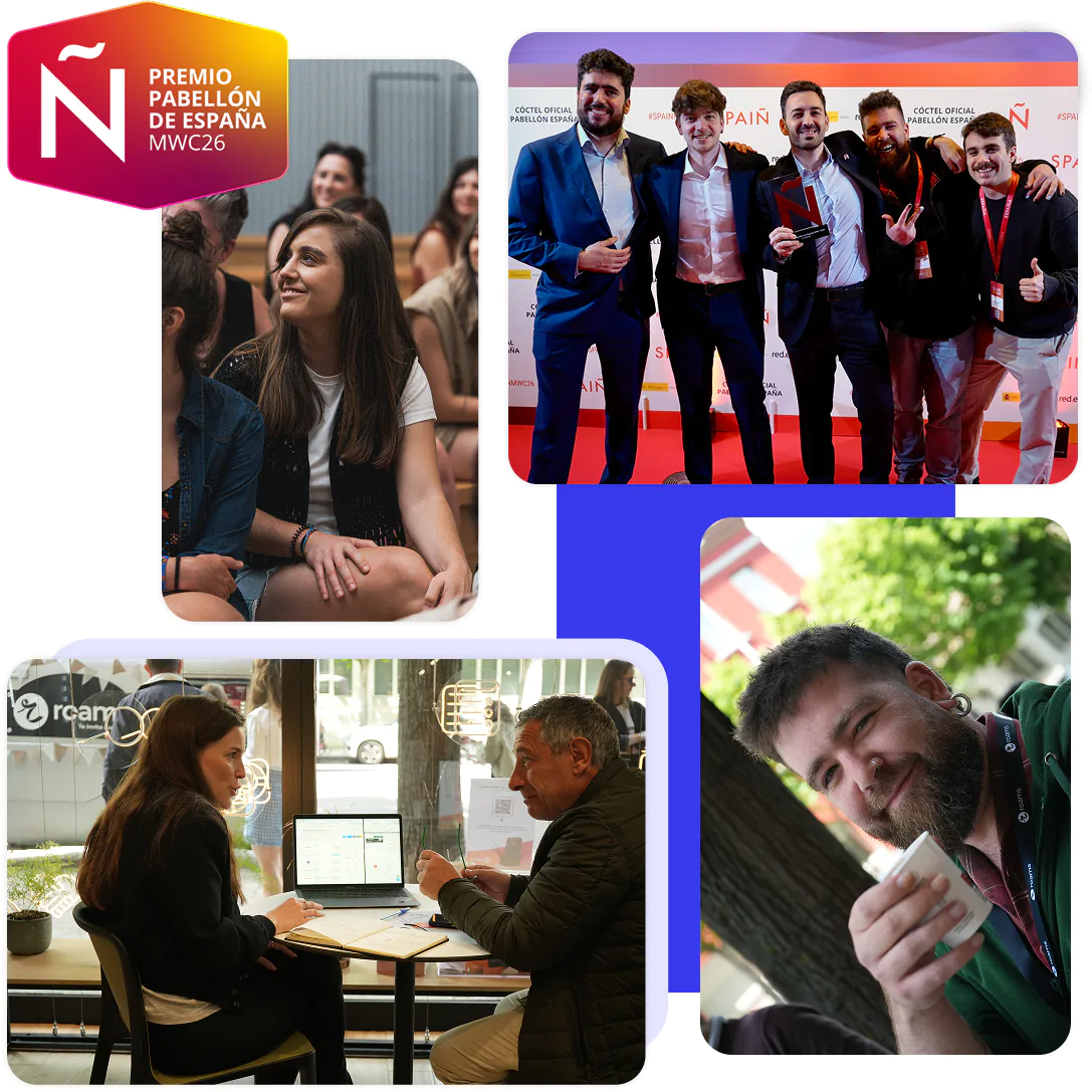 Collage de Roams: equipo premiado en el Pabellón de España del MWC26, reunión con portátil, público sonriente y Gonzalo Blanco tomando café.