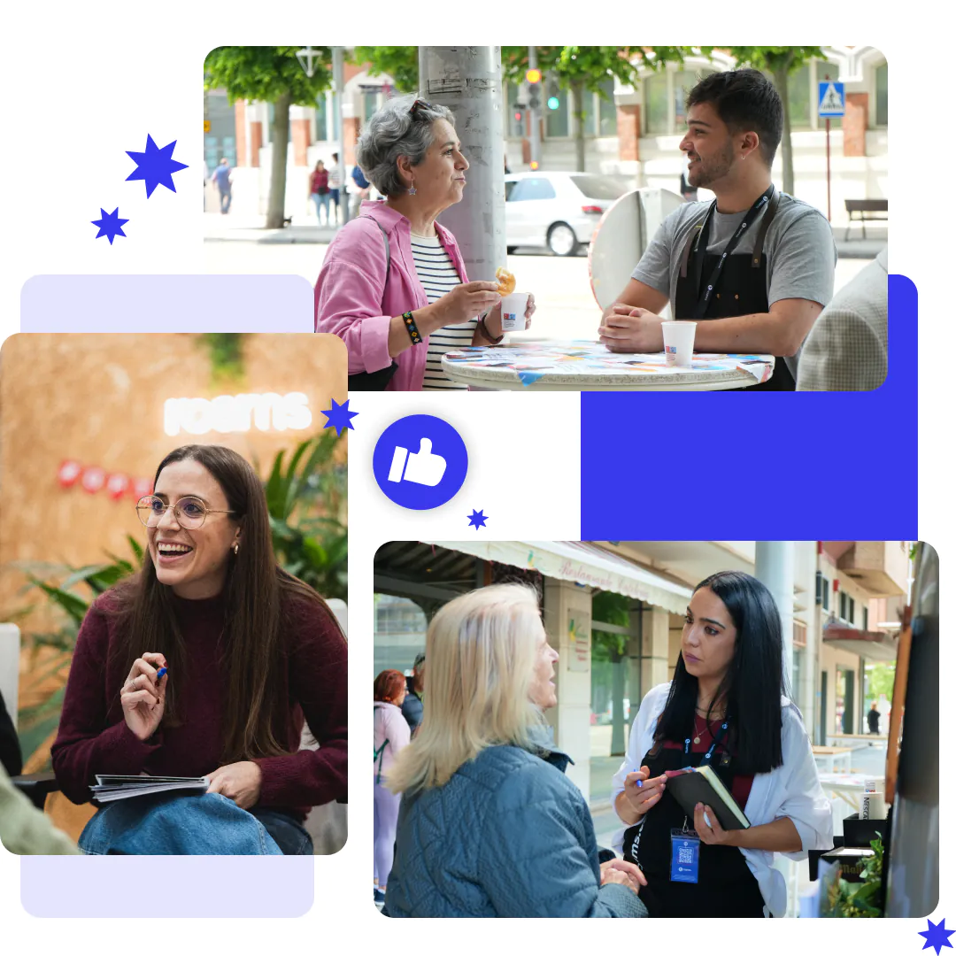Collage de empleados de Roams que charlan con vecinos en la calle y en una terraza, y una trabajadora sonríe con una libreta en la oficina.