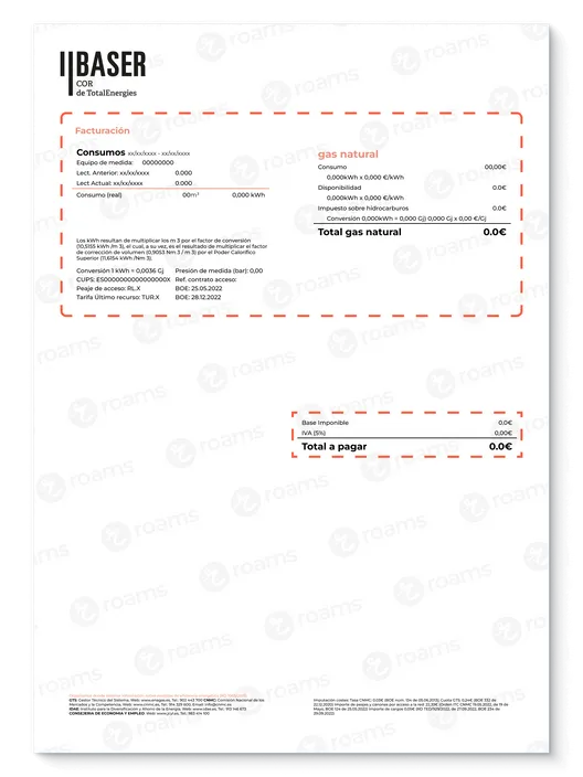 Recibo de gas de Baser Cor creada por Roams donde se destaca el desglose de la factura.