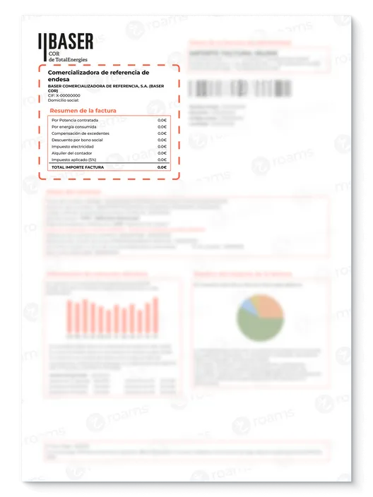 Recibo eléctrico de Baser Cor creada por Roams donde se destaca el resumen de la factura y datos de la compañía.