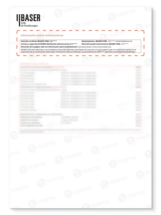 Recibo eléctrico de Baser Cor creada por Roams donde se destaca el contacto de la compañía.