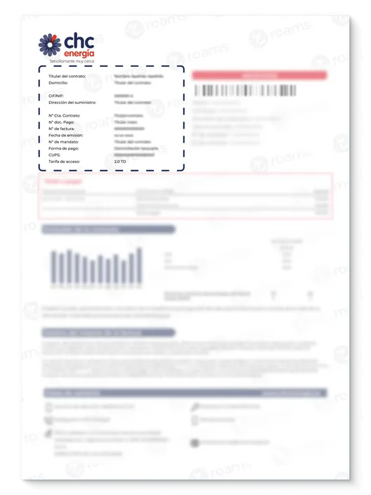 Ejemplo del apartado de datos de factura, suministro y contrato en el recibo de CHC Energía.