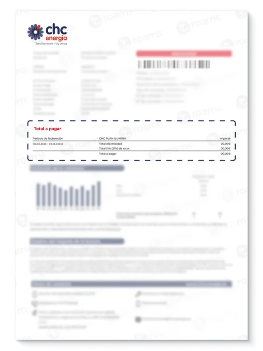 Apartado de la factura de luz de CHC Energía con el total a paagr en esta factura.