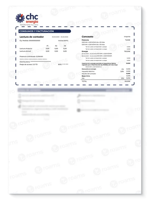 Desglose de todos los conceptos pagados en la factura de luz de CHC Energía.