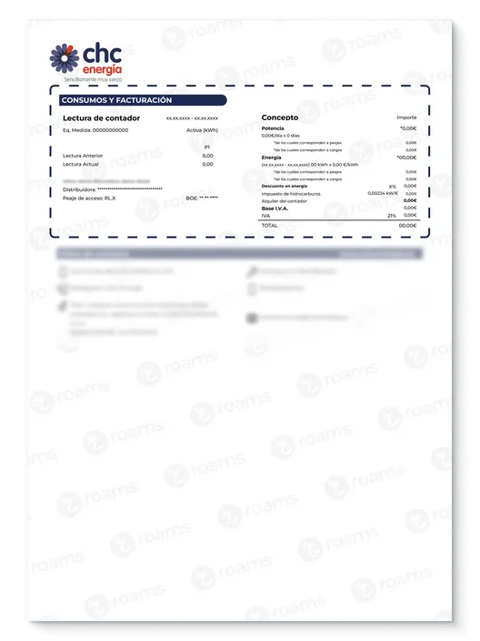 Información de la factura de gas de CHC con detalle de lectura de contador y conceptos cobrados.