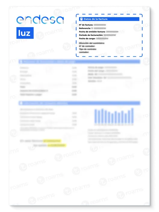  Factura de Endesa creada por Roams en la que se destacan los datos de facturación