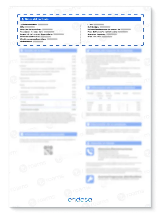 Factura de Endesa creada por Roams en la que se destacan los datos del contrato.