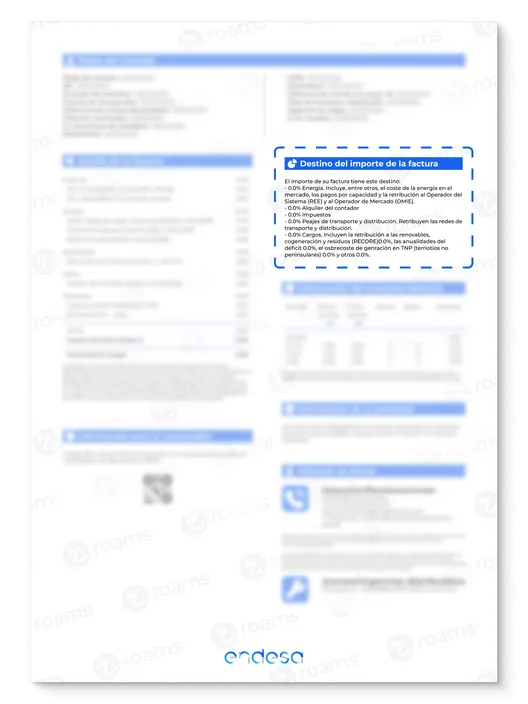 Factura de Endesa creada por Roams en la que se destaca el gráfico de destino del importe total de la factura
