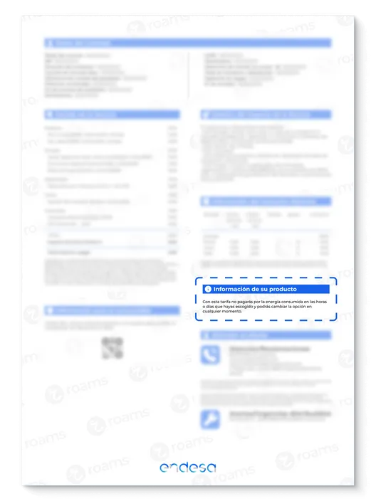 Factura de Endesa creada por Roams en la que se destacan los datos de la tarifa contratada.