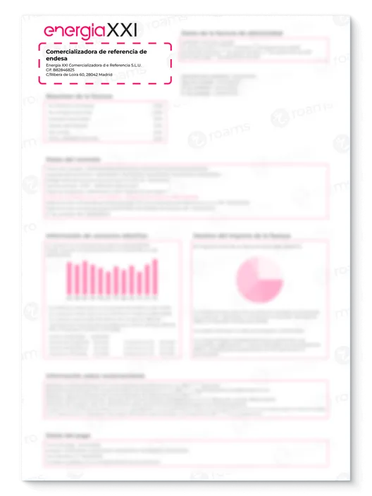 Factura de Energía XXI creada por Roams en la que se destacan los datos de identificación de la compañía
