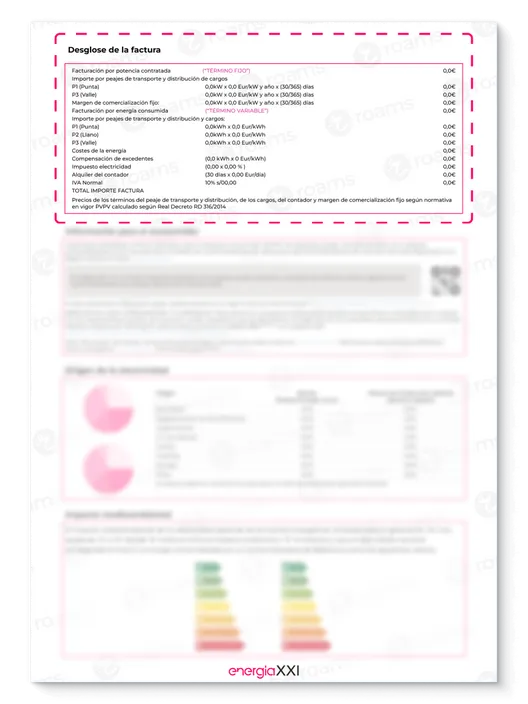 Factura de Energía XXI solar creada por Roams donde se destaca la compensación de excedentes.