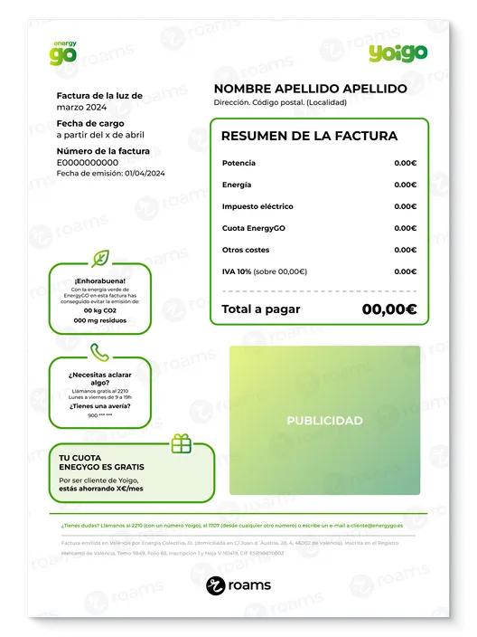 Ejemplo de factura de EnergyGO con el resumen e importe a pagar y datos del titular.
