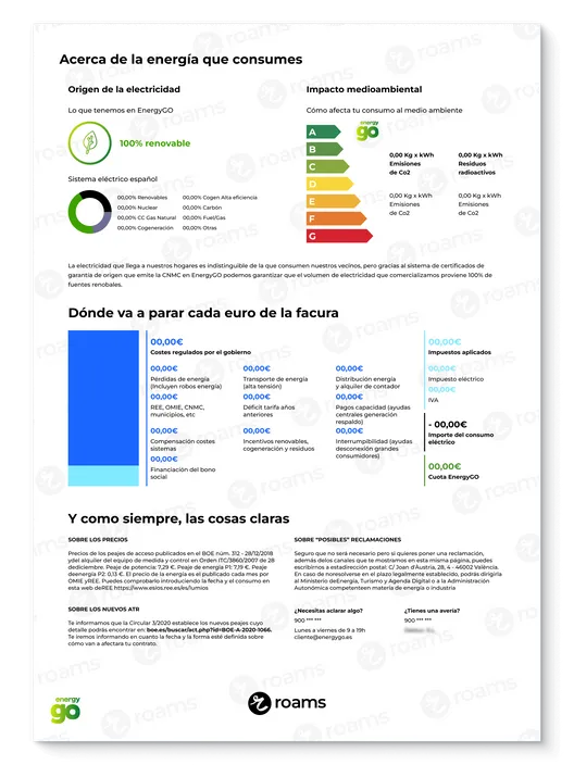 Factura de luz de EnergyGO con información de la energía que has consumido.