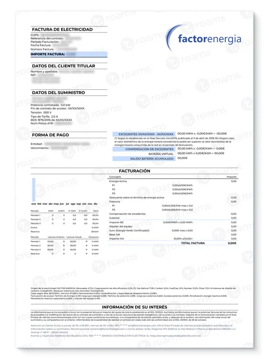 Factura ejemplo de Factor Energía con el detalle de los consumos de luz.