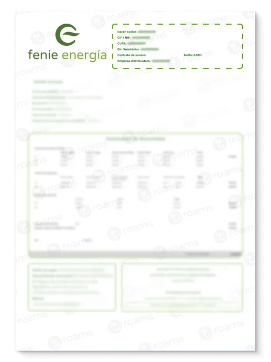 Encabezado de la factura de luz de Feníe Energía con datos del titular y del punto de suministro, como CUPS o empresa distribuidora.