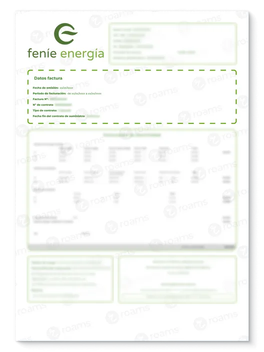 Apartado de la factura de luz de Feníe Energía con detalles sobre la factura y contrato.