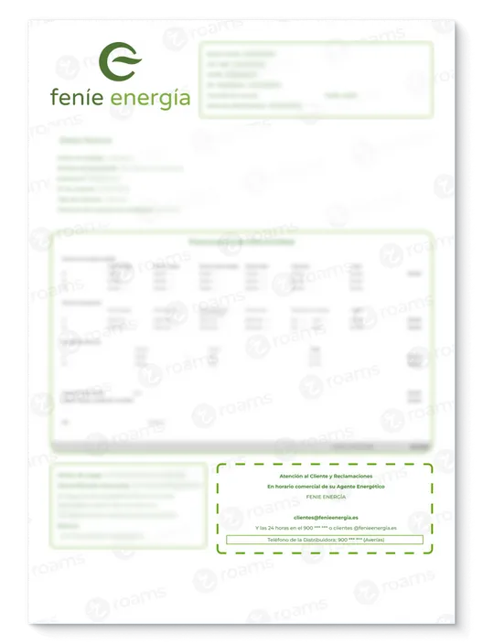 Detalle de la factura de Feníe Energía con datos de contacto de la marca y la distribuidora.