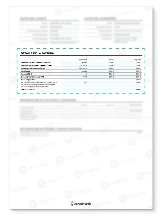 Recibo de gas de Gana Energía creado por Roams destacando el apartado de desglose de la factura.