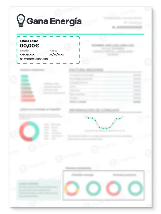 Recibo eléctrico de Gana Energía creado por Roams destacando el apartado del total a pagar.
