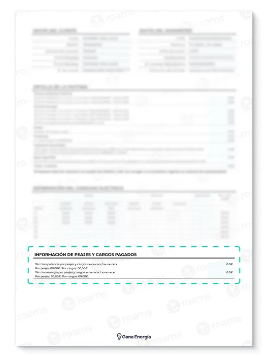 Recibo eléctrico de Gana Energía creado por Roams destacando el apartado de peajes y cargos.