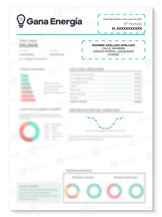 Recibo eléctrico de Gana Energía creado por Roams destacando el apartado de los datos de envío.
