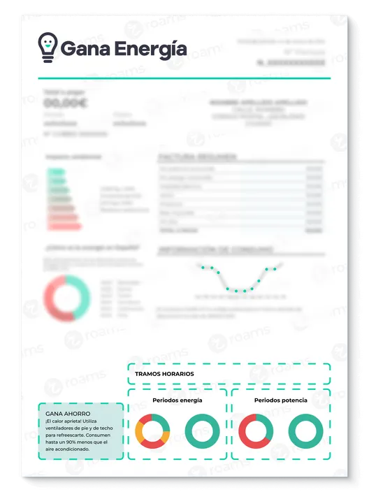 Recibo eléctrico de Gana Energía creado por Roams destacando el apartado de consejos e información.