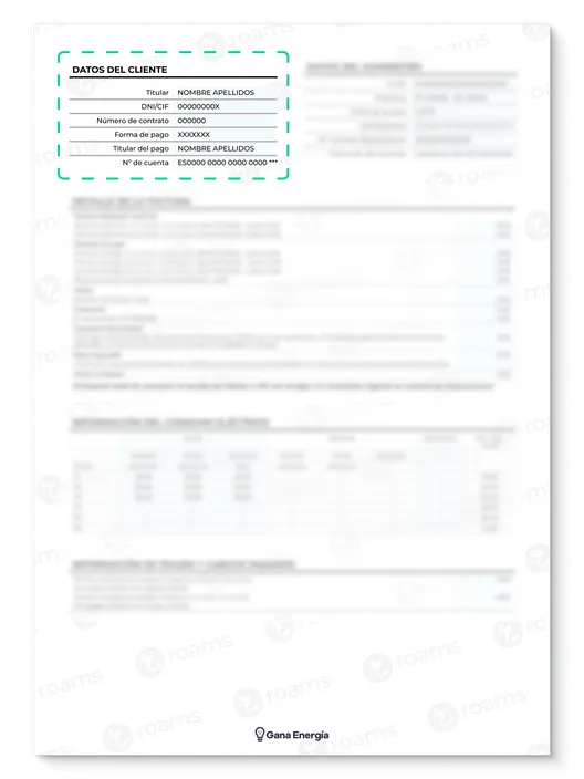 Recibo eléctrico de Gana Energía creado por Roams destacando el apartado de datos del cliente.