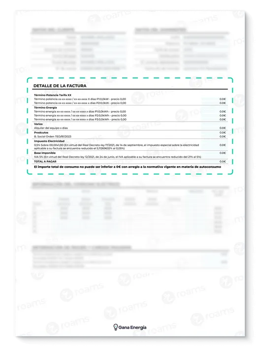 Recibo eléctrico de Gana Energía creado por Roams destacando el apartado de desglose de la factura.