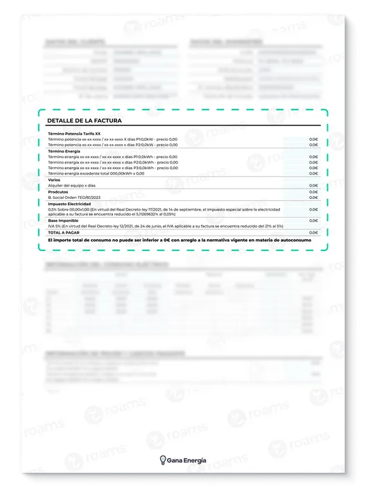 Recibo eléctrico de Gana Energía creado por Roams destacando el apartado de desglose de la factura con autoconsumo.