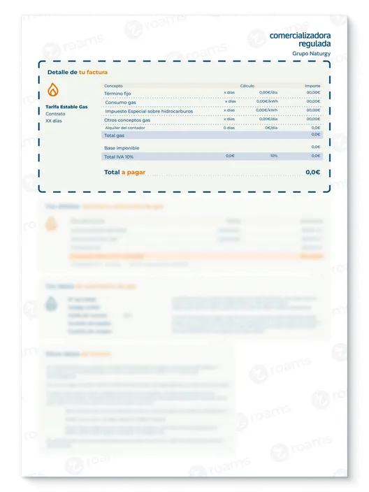Factura de gas de Gas & Power con el detalle de cada concepto que conforma el importe final de la misma.