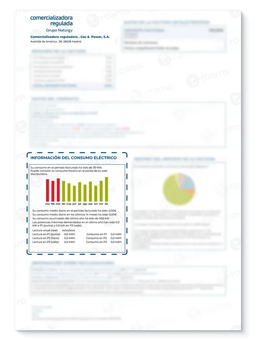 Factura de Gas & Power con la gráfica de consumos de meses anteriores y datos de consumos medios y lecturas.