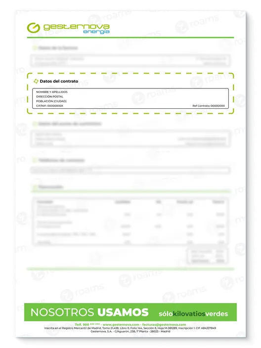 Factura de Gesternova creada por Roams en la que se destacan los datos de contrato