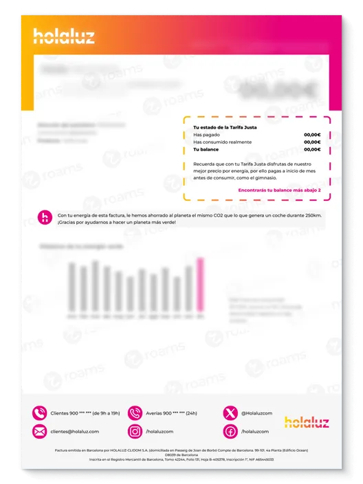 Recibo de Holaluz creado por Roams donde se destaca el balance de lo pagado y lo consumido.
