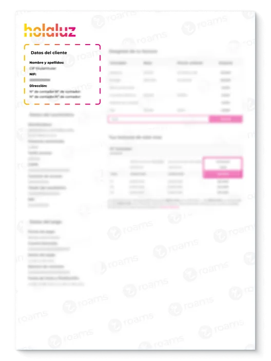 Recibo eléctrico de Holaluz creado por Roams que muestra los datos del cliente