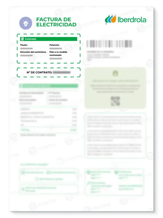 Factura de Iberdrola creada por Roams destacando los datos del contrato