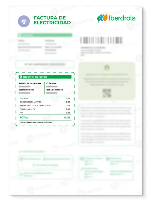 Factura de Iberdrola creada por Roams donde se destaca el resumen de la factura.