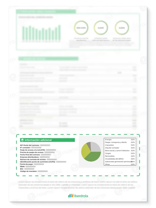 Factura de Iberdrola creada por Roams donde se muestra información de la distribuidora.