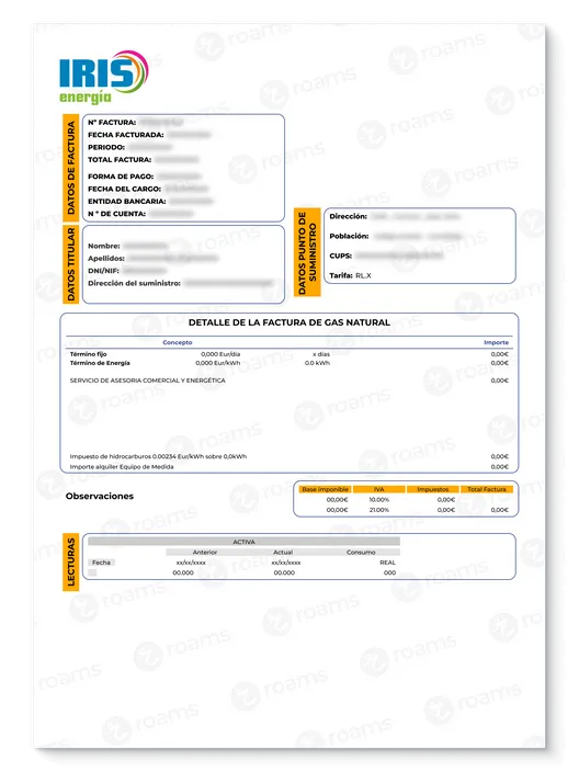 Primera página de la factura de gas de Iner Energía con detalles de consumo y potencia, así como datos de titular y de suministro.