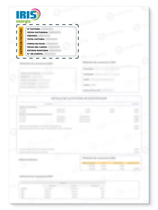 Apartado de la factura de luz de Iris Energía con los datos de la factura y fechas de cobro, así como información del pago y cargo de la factura.