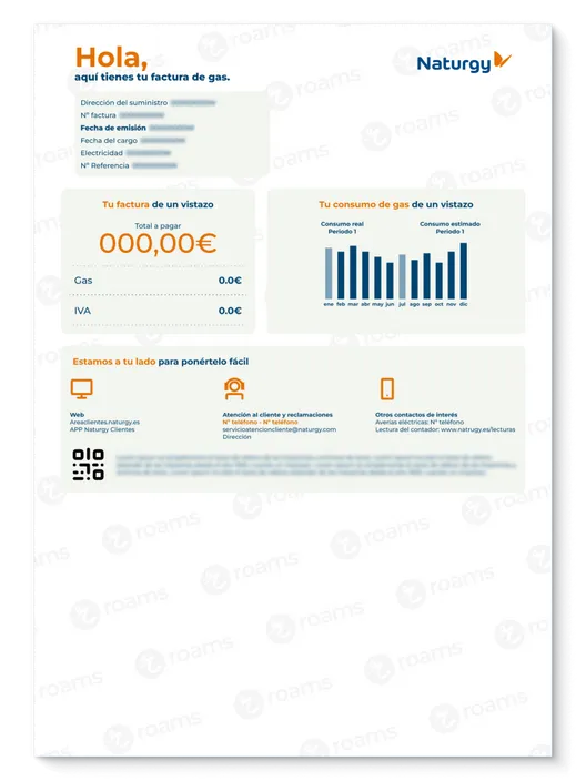 Factura de gas de Naturgy con información de facturación e importe final.