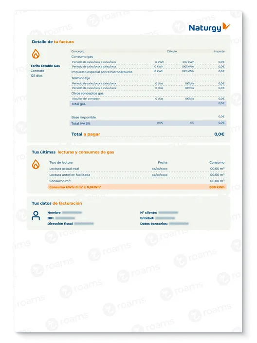 Detalles de consumo, lecturas de contador y datos de facturación del gas de Naturgy.