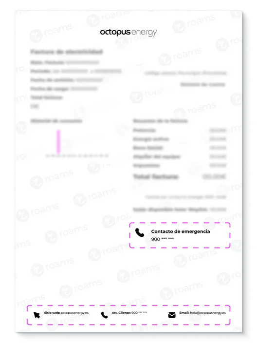Detalle de la factura de luz de Octopus Energy con el teléfono de emergencias de la distribuidora.