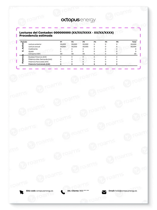 Detalle de la factura de luz de Octopus Energy con las lecturas de contador.