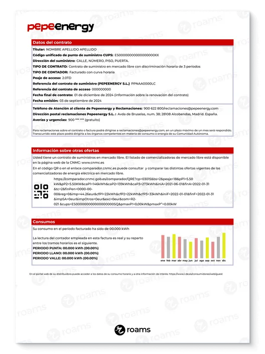 Réplica de la factura de Pepeenergy creada por Roams con datos del contrato y consumos.