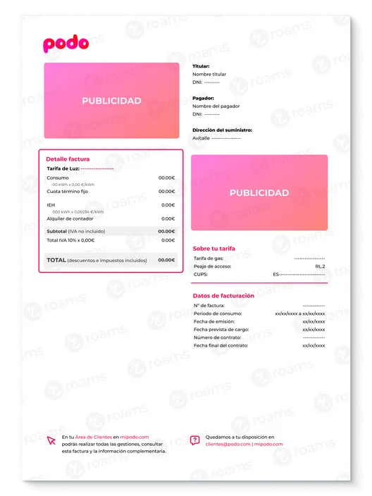 Primera hoja de la factura de gas de Podo con datos de tarifa, factura y contrato, además del titular y conceptos del importe final.