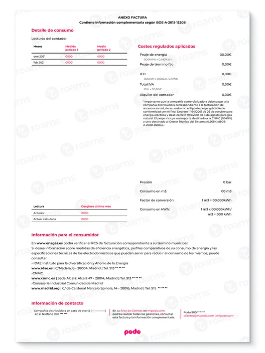 Segunda hoja de la factura de gas de Podo con el detalle de los consumos y lecturas de contador y de lo pagado por peajes.
