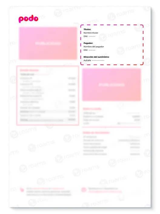 Primer apartado de la factura de Podo con datos del titular y pagador y del punto de suministro exacto.