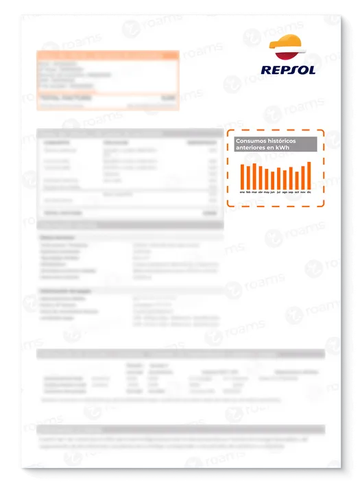 Factura de Repsol creada por Roams con el detalle del gráfico de consumos.